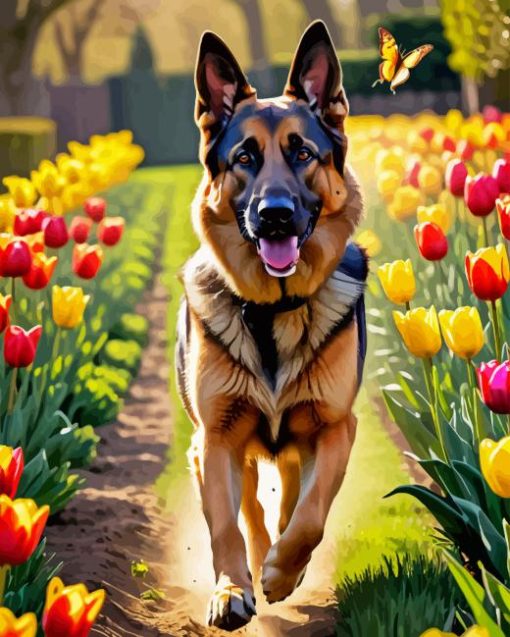 German Shepherd And Tulips Diamond Painting