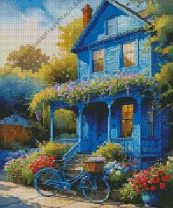 Bicycle And Blue House Diamond Painting