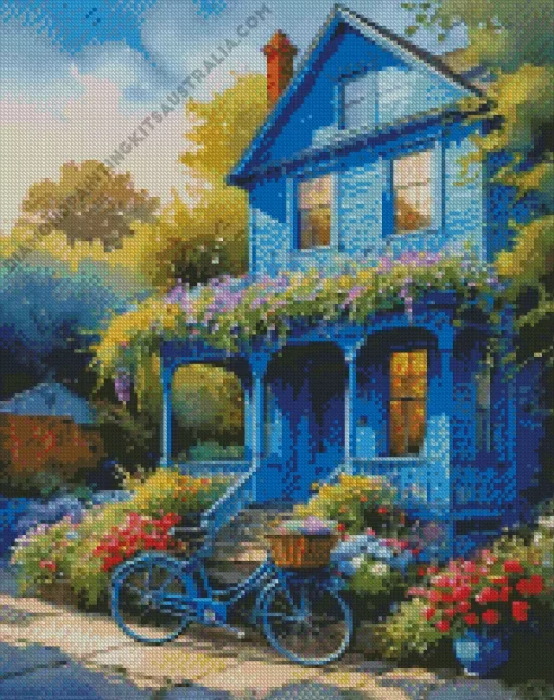 Bicycle And Blue House Diamond Painting