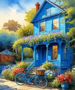 Bicycle And Blue House Diamond Painting