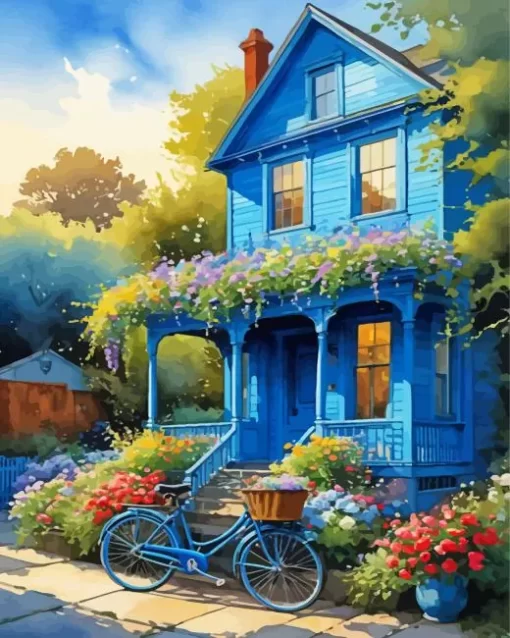 Bicycle And Blue House Diamond Painting