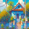 Blue House With Orange Trees Diamond Painting