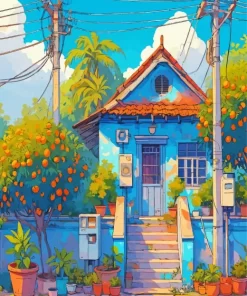 Blue House With Orange Trees Diamond Painting