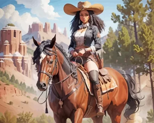 Black Cowgirl On Brown Horse Diamond Painting