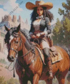 Black Cowgirl On Brown Horse Diamond Painting