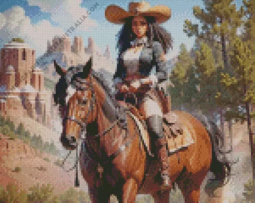 Black Cowgirl On Brown Horse Diamond Painting