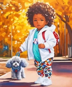 Black Girl And Her Grey Puppy Poodle Diamond Painting