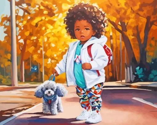 Black Girl And Her Grey Puppy Poodle Diamond Painting