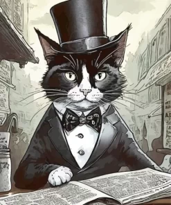 Black Tie Cat Reading Newspaper Diamond Painting