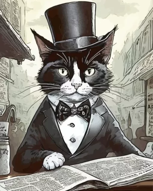 Black Tie Cat Reading Newspaper Diamond Painting