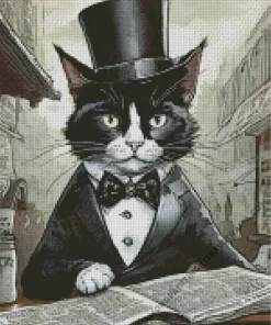 Black Tie Cat Reading Newspaper Diamond Painting