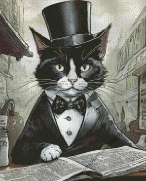 Black Tie Cat Reading Newspaper Diamond Painting