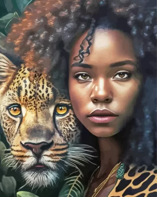 Black Woman By Leopard Diamond Painting