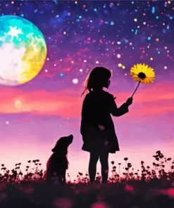 Girl And Dog Silhouette Diamond Painting