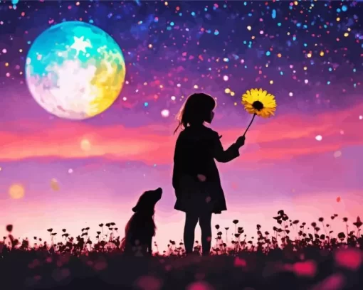 Girl And Dog Silhouette Diamond Painting