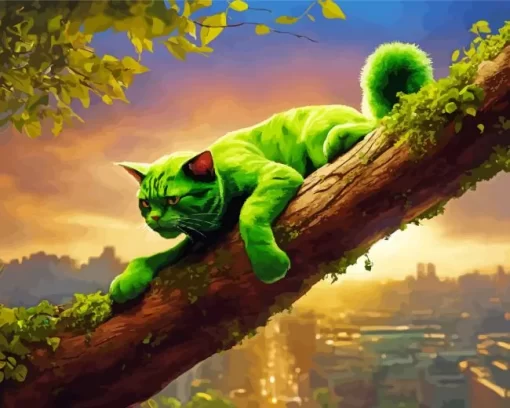 Green Cat In A Tree Diamond Painting