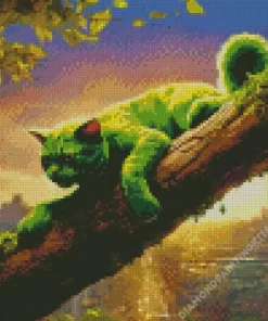 Green Cat In A Tree Diamond Painting