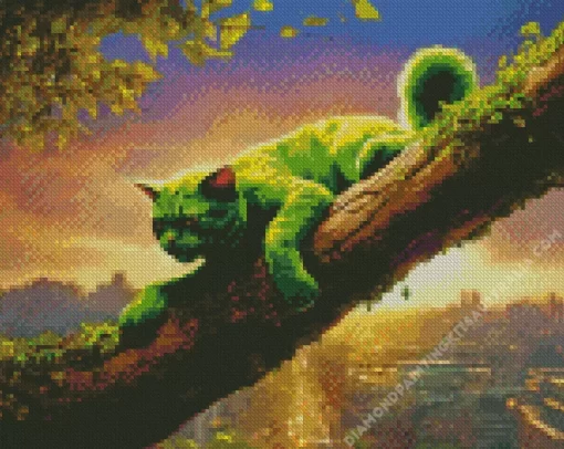 Green Cat In A Tree Diamond Painting