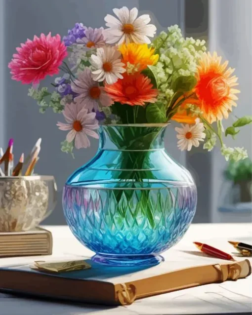 Blue Glass Vase Flowers Diamond Painting