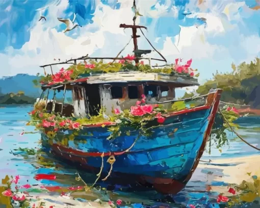 Floral Blue Boat Diamond Painting