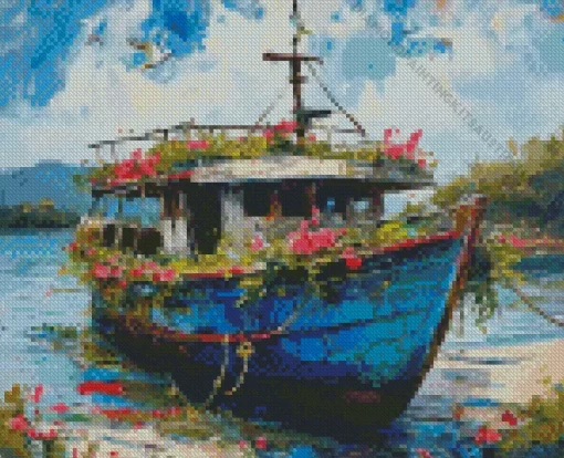 Floral Blue Boat Diamond Painting