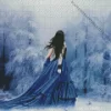 Girl Wearing Blue Dress In Snow Diamond Painting