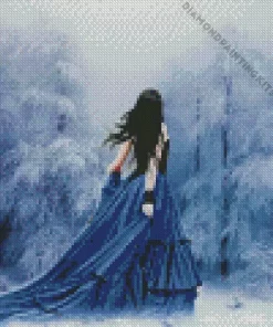 Girl Wearing Blue Dress In Snow Diamond Painting