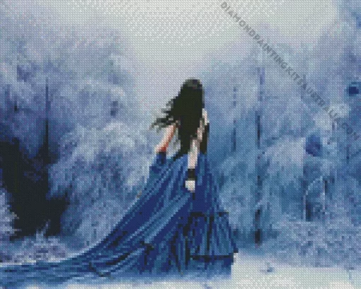 Girl Wearing Blue Dress In Snow Diamond Painting