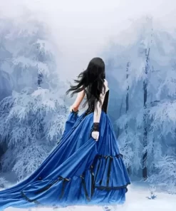 Girl Wearing Blue Dress In Snow Diamond Painting