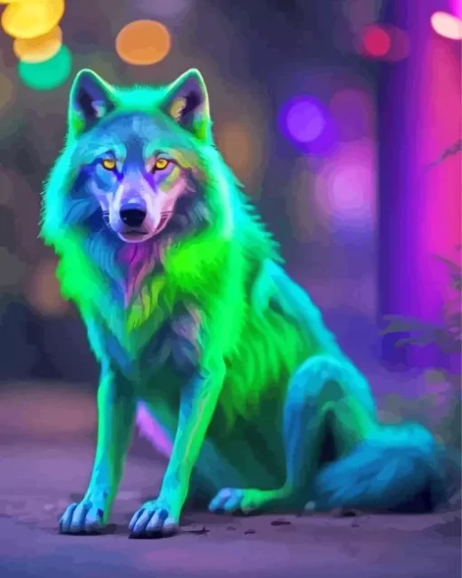 Neon Blue And Green Wolf Diamond Painting