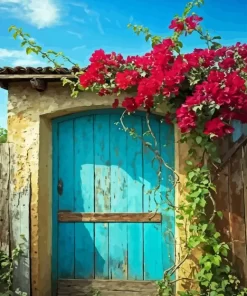 Old Blue Door Flowers Diamond Painting