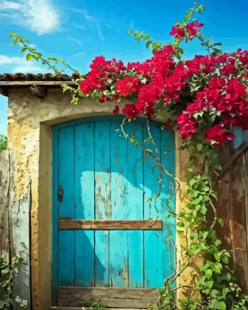 Old Blue Door Flowers Diamond Painting