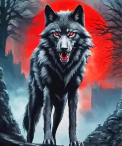 Red Moon Black Wolf Art Diamond Painting