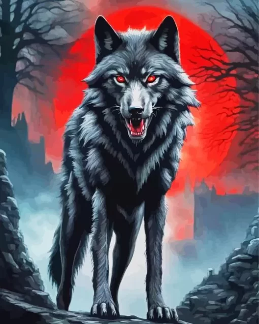 Red Moon Black Wolf Art Diamond Painting