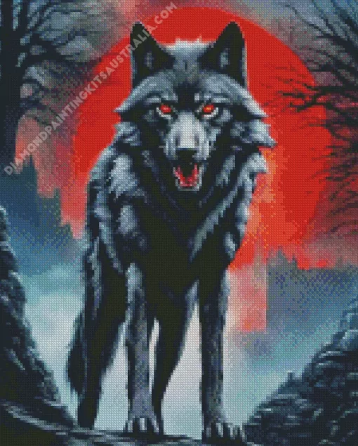 Red Moon Black Wolf Art Diamond Painting