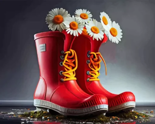 Red Boots With Daisies Diamond Painting