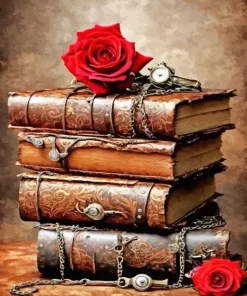 Red Rose On Vintage Books Diamond Painting