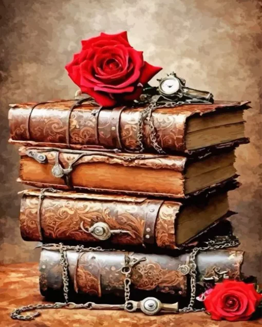 Red Rose On Vintage Books Diamond Painting