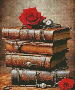 Red Rose On Vintage Books Diamond Painting