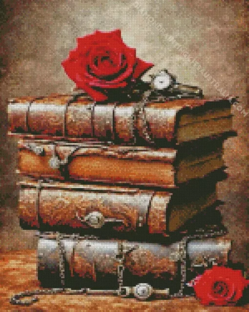 Red Rose On Vintage Books Diamond Painting