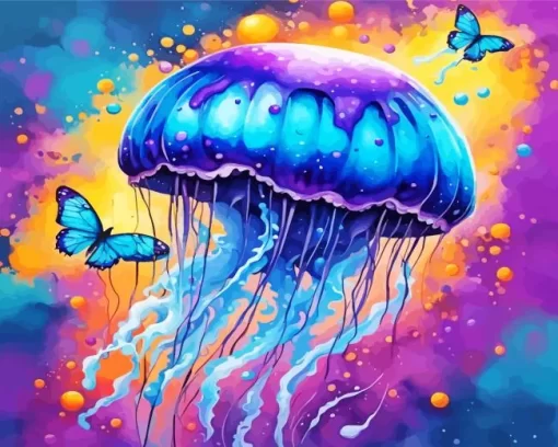 Blue And Purple Jellyfish And Butterflies Diamond Painting