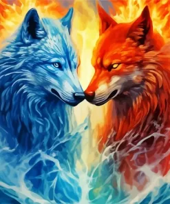 Blue And Red Fire Wolf Diamond Painting