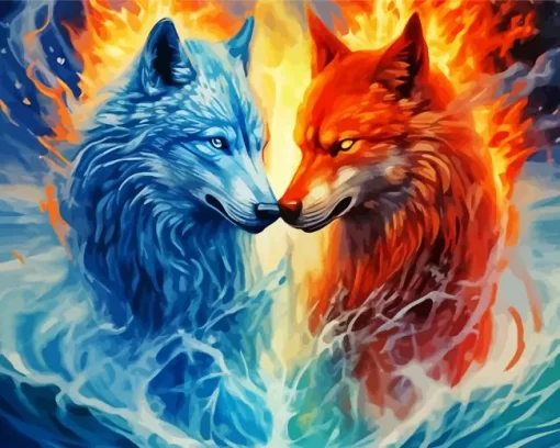 Blue And Red Fire Wolf Diamond Painting