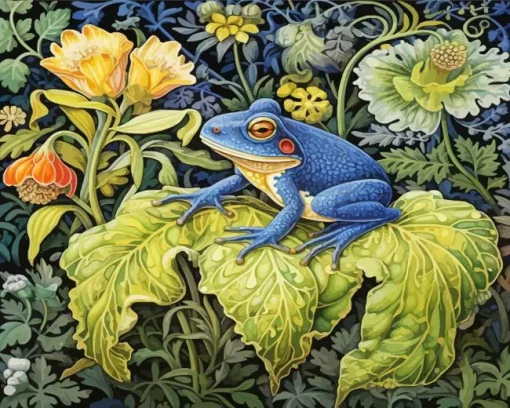 Blue Frog Sitting On Leaf Diamond Painting