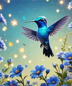 Blue Hummingbird And Blue Flowers Diamond Painting