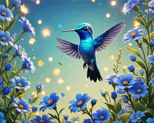 Blue Hummingbird And Blue Flowers Diamond Painting