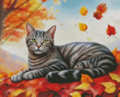 Cat And Fallen Leaves Diamond Painting