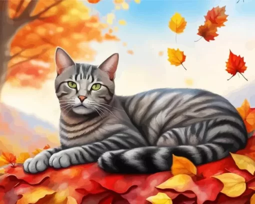 Cat And Fallen Leaves Diamond Painting