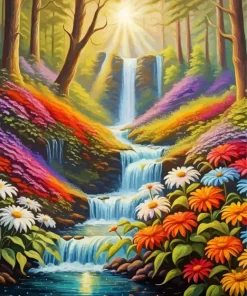 Floral Forest Waterfall Diamond Painting