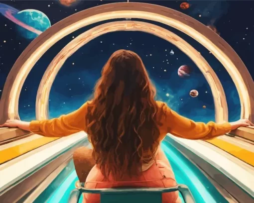 Girl Riding A Rollercoaster Through Space Diamond Painting